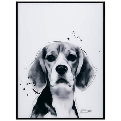 "Beagle" Black and White Pet Paintings on Printed Glass Encased with a Black Anodized Frame