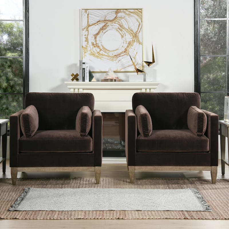 Knox 36" Modern Farmhouse Loose Pillow-Back Arm Chair - Set of 2 - Deep Brown Performance Velvet