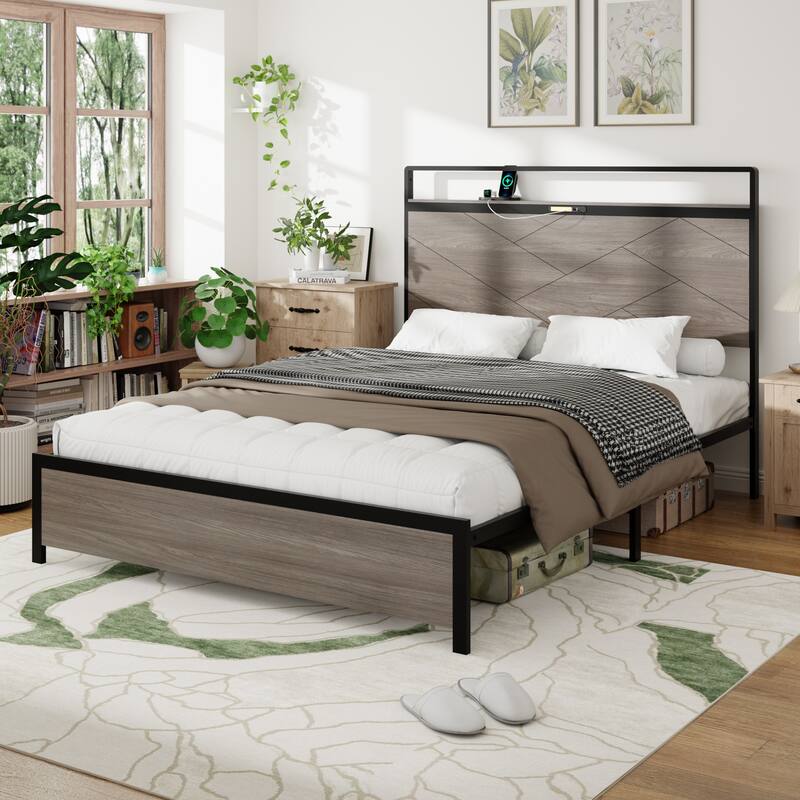 Queen Platform Bed with LED, Charging & Storage