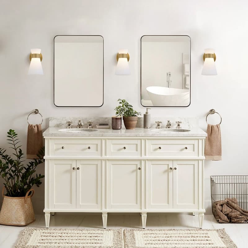 3 Light Gold Vanity Wall Sconce with White Glass Shades Modern Bathroom Lighting Fixture