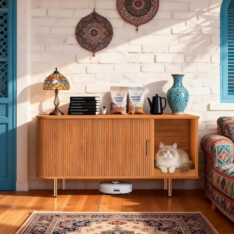 38.5" Cat Litter Box Enclosure with Scratch Pad and Sliding Door,Cat Hidden Litter Box Cabinet,Modern Indoor Cat House,TV Stand