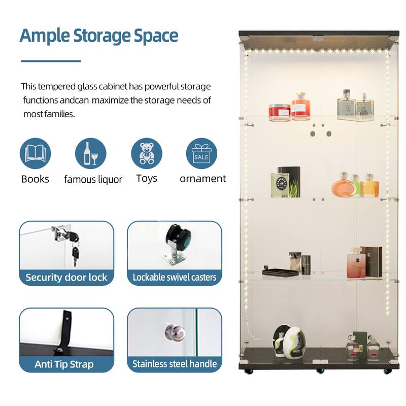 Tempered glass display cabinet, storage cabinet,file cabinet,with Bluetooth LED light strip,lock on the door,equipped with cast