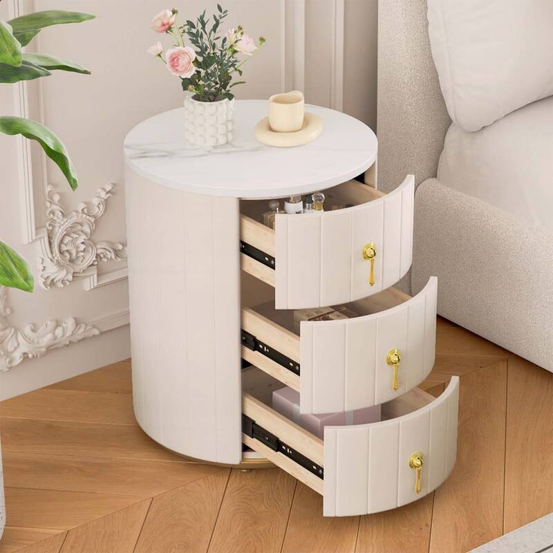Upholstered Nightstand with 3 Drawers,for Bedroom - Beige