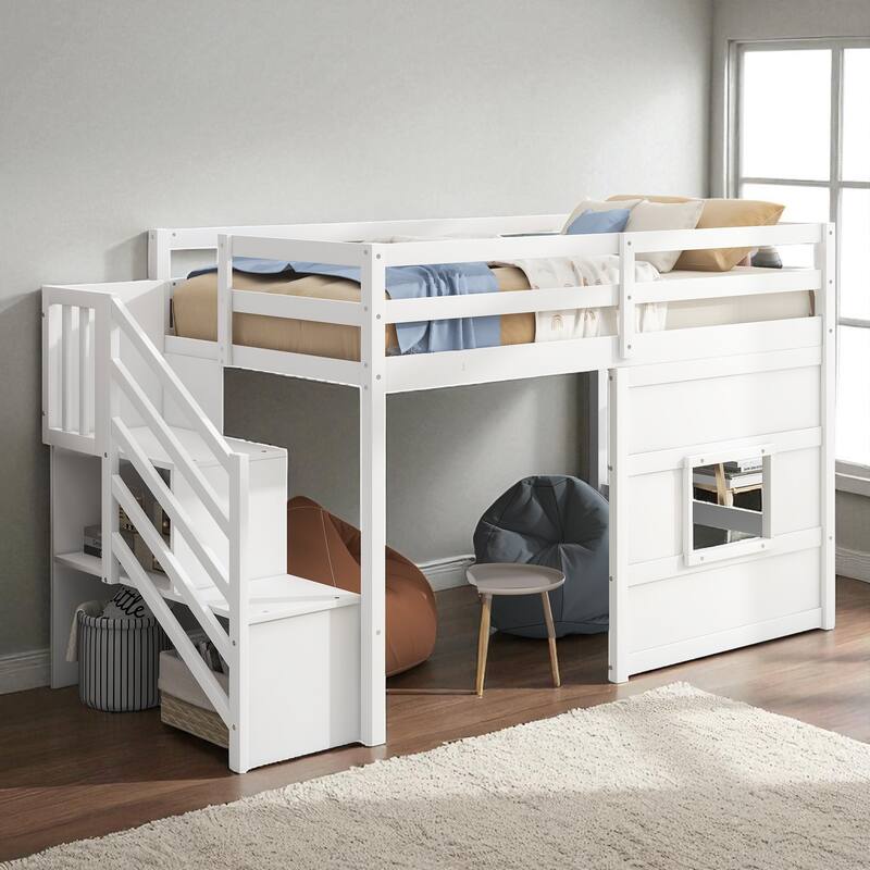 Twin Size Loft Bed with Storage Staircase, Window, LED Light and Guardrails, Solid Wood Frame