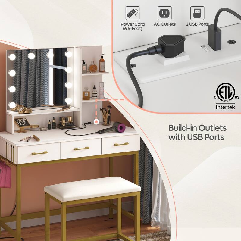 Makeup Vanity Desk Stool Set with Lighted Mirror & USB Power Outlet