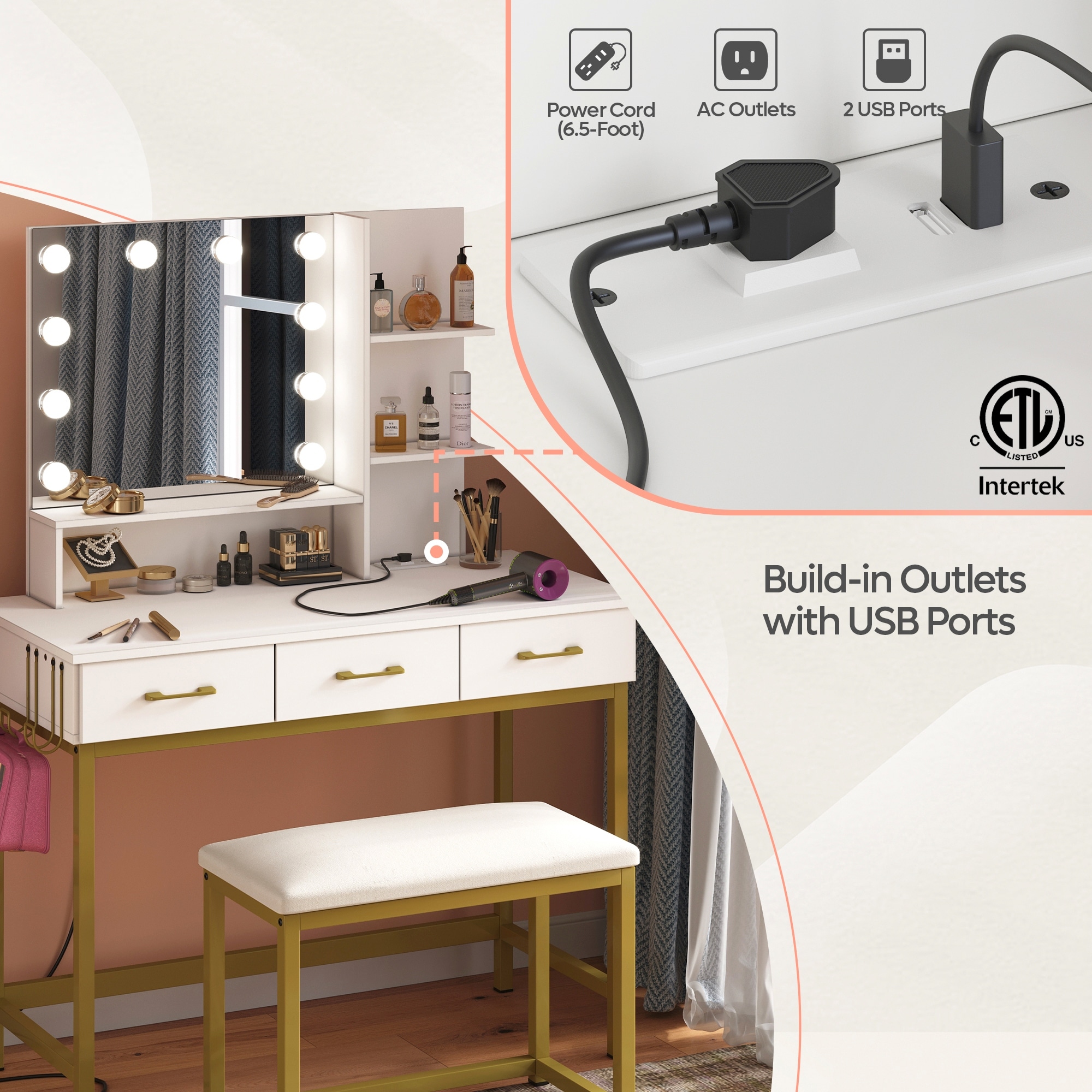 Bestier 40 Makeup Vanity Set With Lighted Mirror Dressing Desk With Cushioned Stool Set For Bedroom White One Size