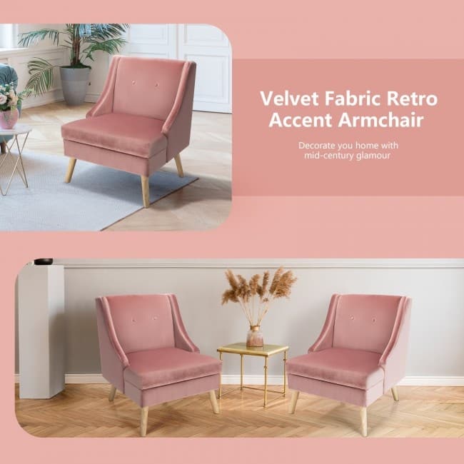 Velvet Wingback Armchair with Rubber Wood Legs-Pink - 27.5" x 31.5" x 33.5"(L x W x H)