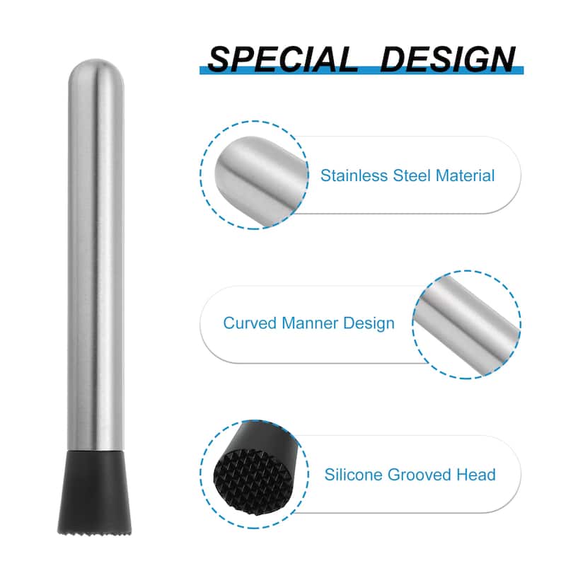 8inch Stainless Steel Cocktail Muddler Bar Muddler Bar Tool for Cocktails - Silver