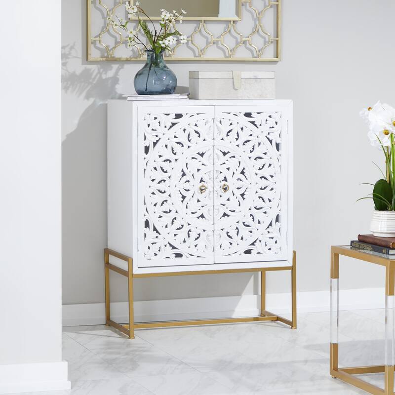 Wood Floral Intricately Carved 1 Shelf and 2 Doors Room Cabinet - White - Roche River Decor