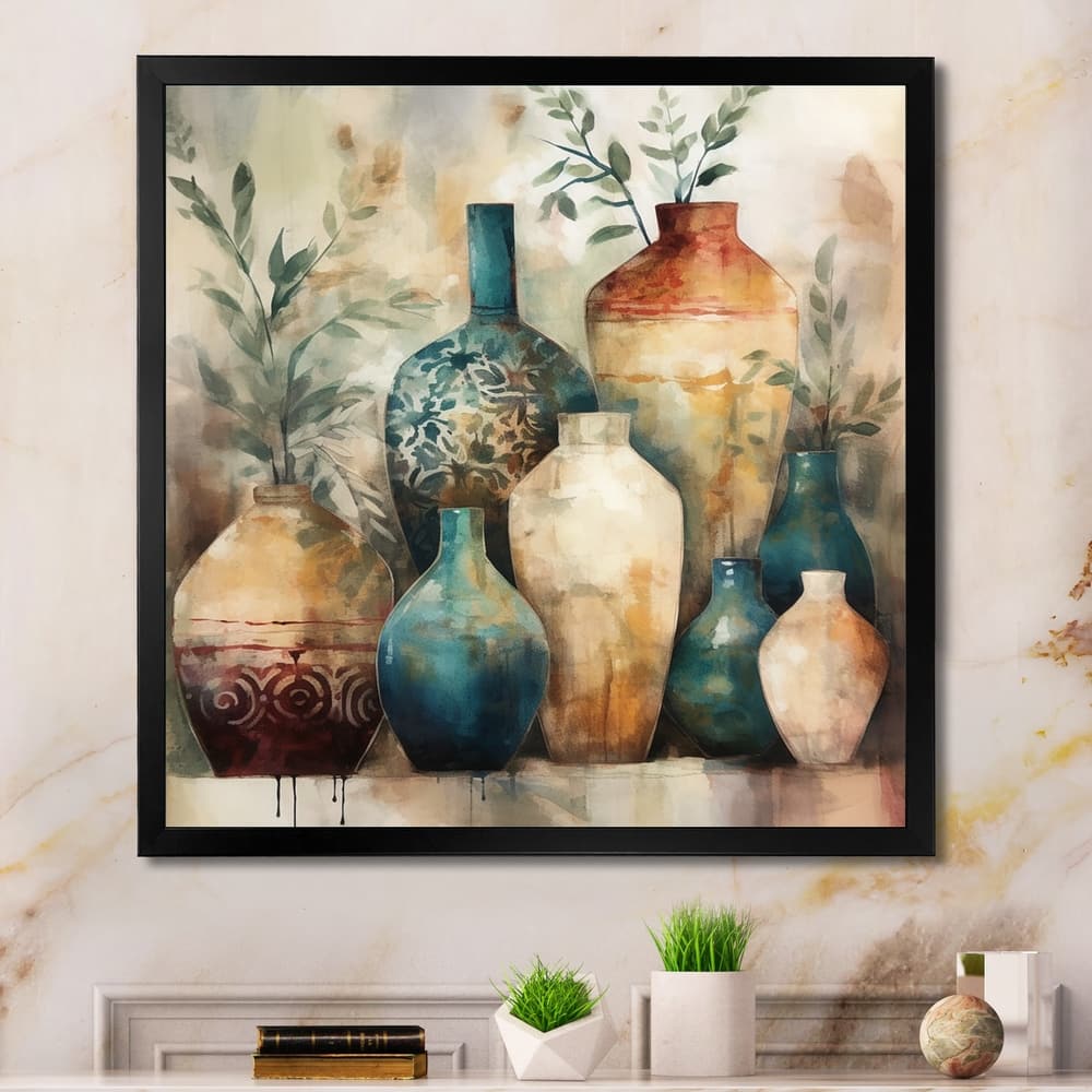 Designart "Green And Orange Artisanal Boho Pottery I" Boho Pottery Framed Wall Decor