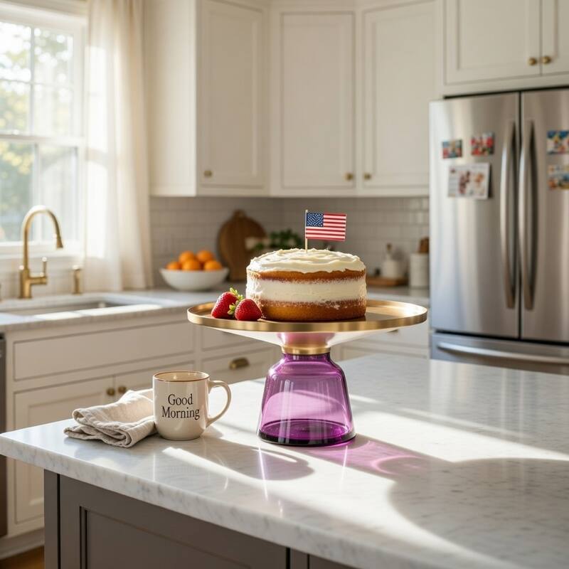 Len 30 Inch Coffee Table, Purple Blown Glass Bell Base, Funnel Gold Steel