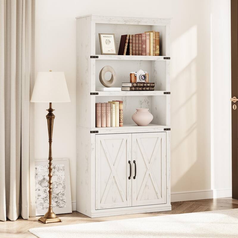Book Shelf with Door, 5 Tier Wooden Book Case with Storage, 68.7"