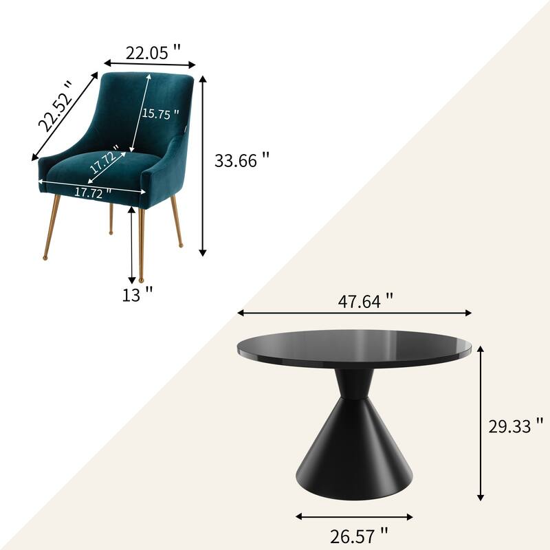 48" Light Luxury Black High Gloss Large Countertop Dining Table with Velvet Dining Chair Set