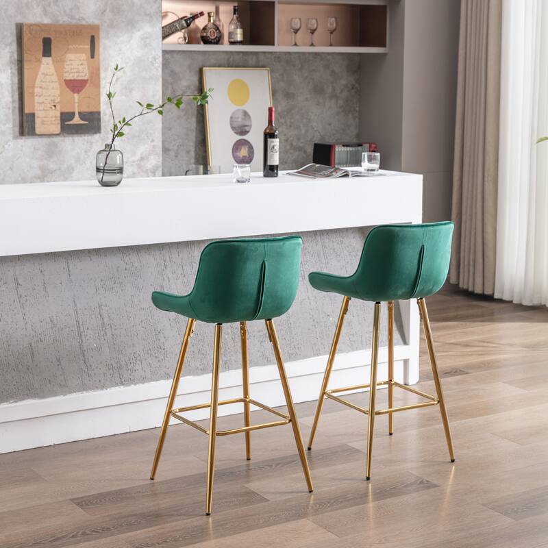 2 Bar Stools with Chrome Footrest Velvet Fabric Counter Stool Golden Leg Simple Bar Stool - N/A