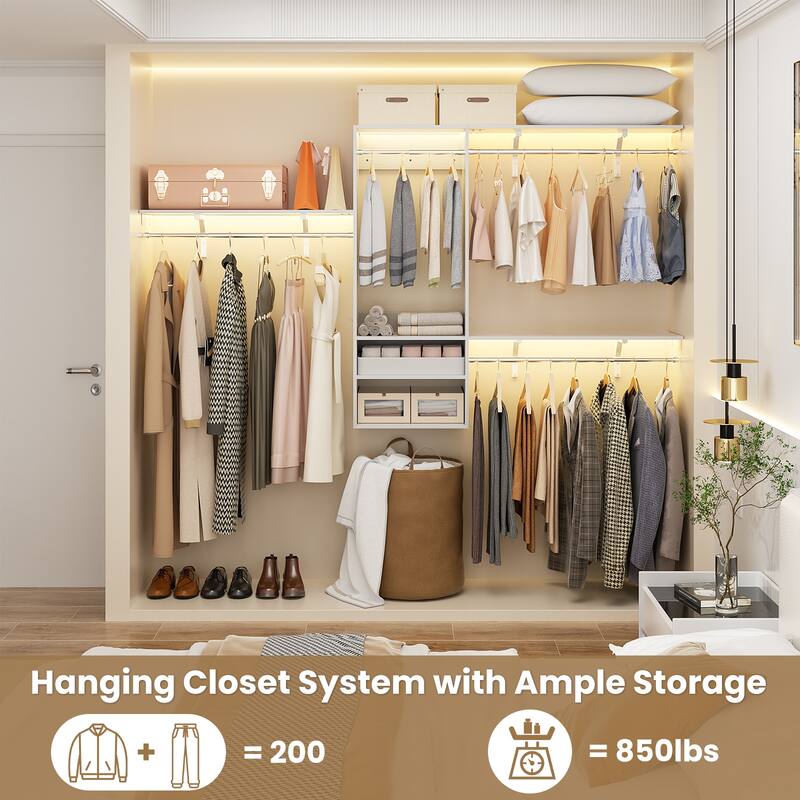 96'' W Wall-mounted Closet System with Storage Shelves and Hanging Rods,Adjustable Walk-in Closet Organizer System