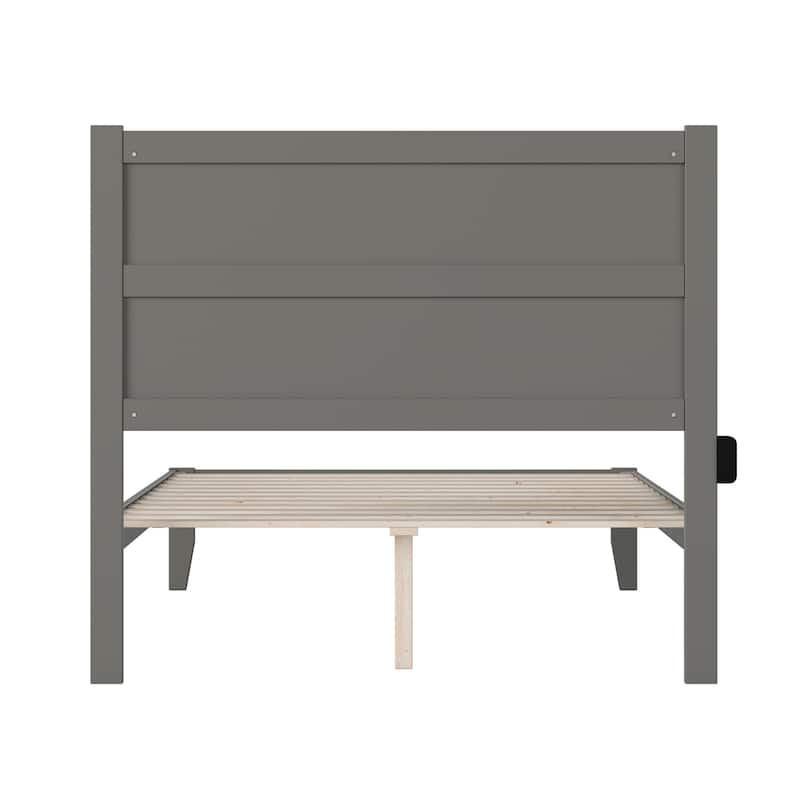 Full Bed Frame Grey Modern Platform Bed Wood Slat Support Charging Station