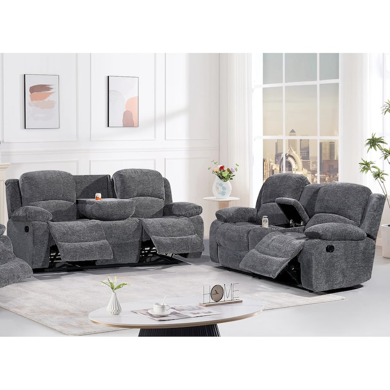2PC Soft Microfiber Manual Reclining Sofa Set, Drop Down Table, Cupholder Console, Living Room Set - Charcoal