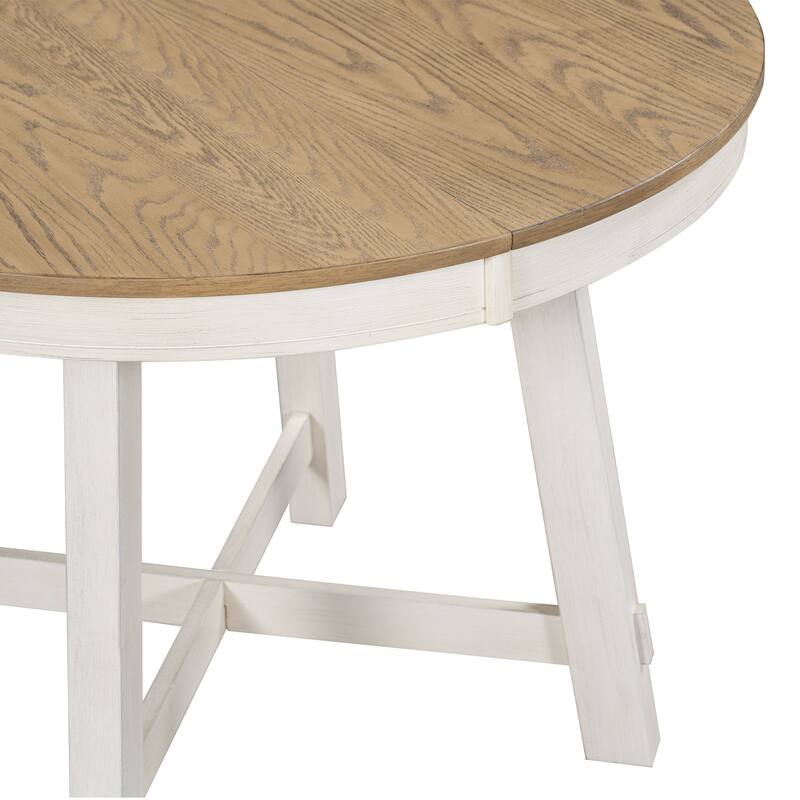 5-Piece Farmhouse Dining Table Set Wood Round Extendable Dining Table and 4 Upholstered Dining Chairs