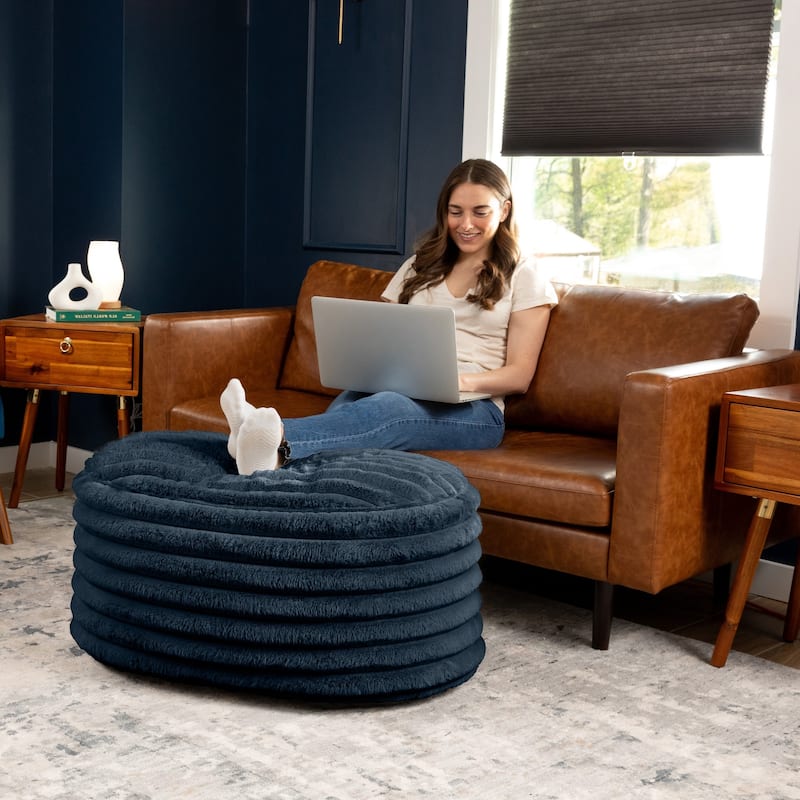 Large Plush Ribbed Faux Fur Pouf Ottoman - 35" - Midnight Blue