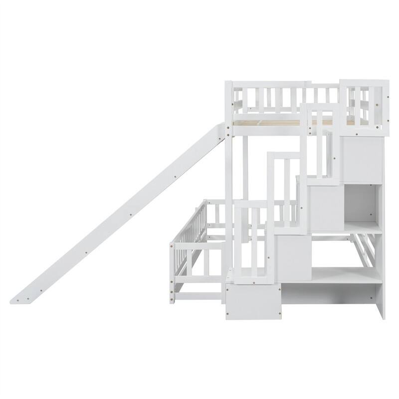 Twin Over Full Size Floor Bunk Bed with Slide and Safety Guardrails, Wooden Bunk Bedframe with Storage Staircase and Fence