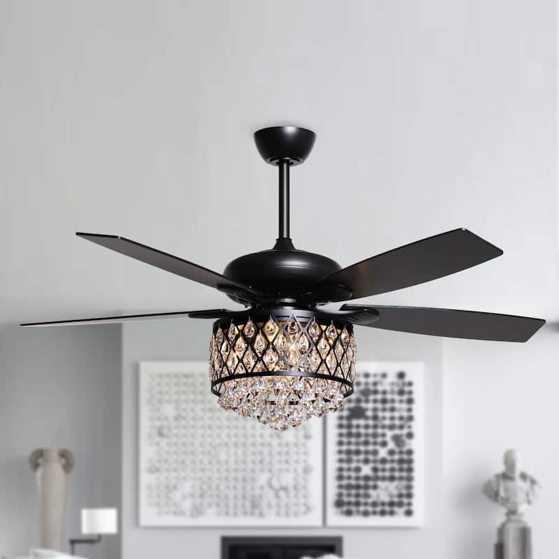 52" Indoor Black Crystal Chandelier Ceiling Fan With Light and Remote - 52"W x 52"D x 17"H - Remote