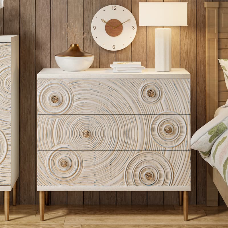 COZAYH Farmhouse Embossed 3 Drawer Dresser with Ring Motif, Distressed Boho Nightstand for Bedroom, Living Room, French Country