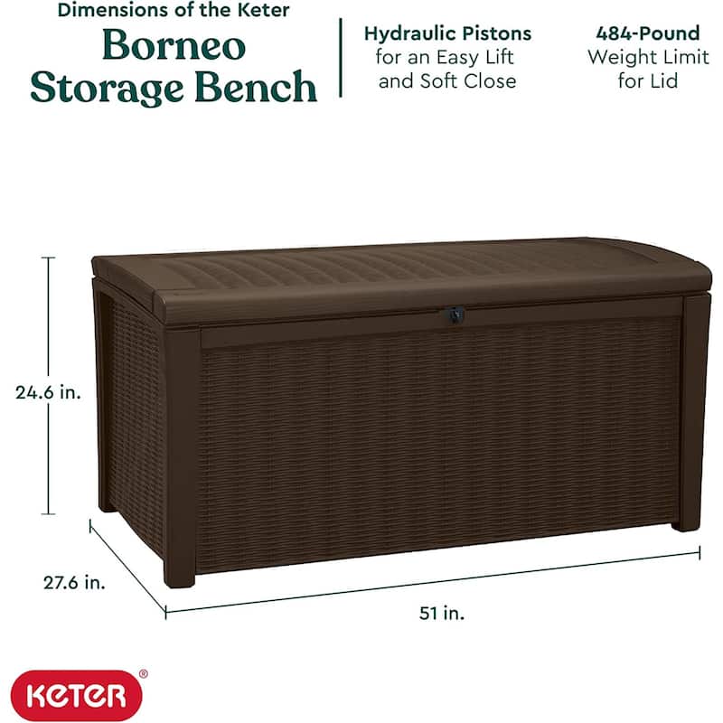 Keter Borneo 110 Gallon Rattan Wicker Resin Patio Deck Storage Box Bench, Brown - N/A