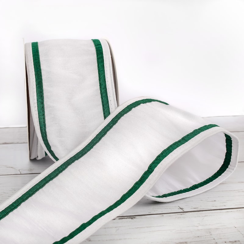 HGTV Home Collection Dupion Double Side Piping Ribbon, White Green, 3 in - 3 in