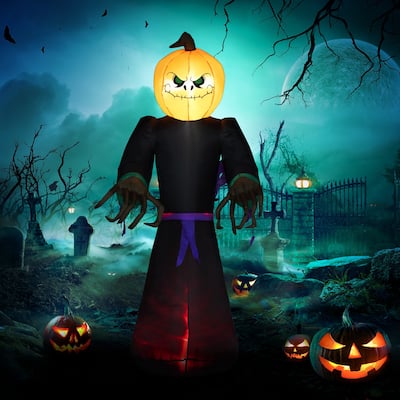 7 ft Inflatable Halloween Reaper with Pumpkin Head LED Lights and Red Flame Effect Waterproof Polyester for Outdoor Decoration