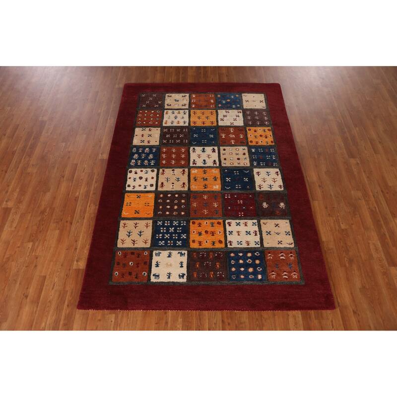 Tribal Geometric Gabbeh Indian Area Rug Red Hand-Tufted Wool Carpet - 5'3" x 7'7"