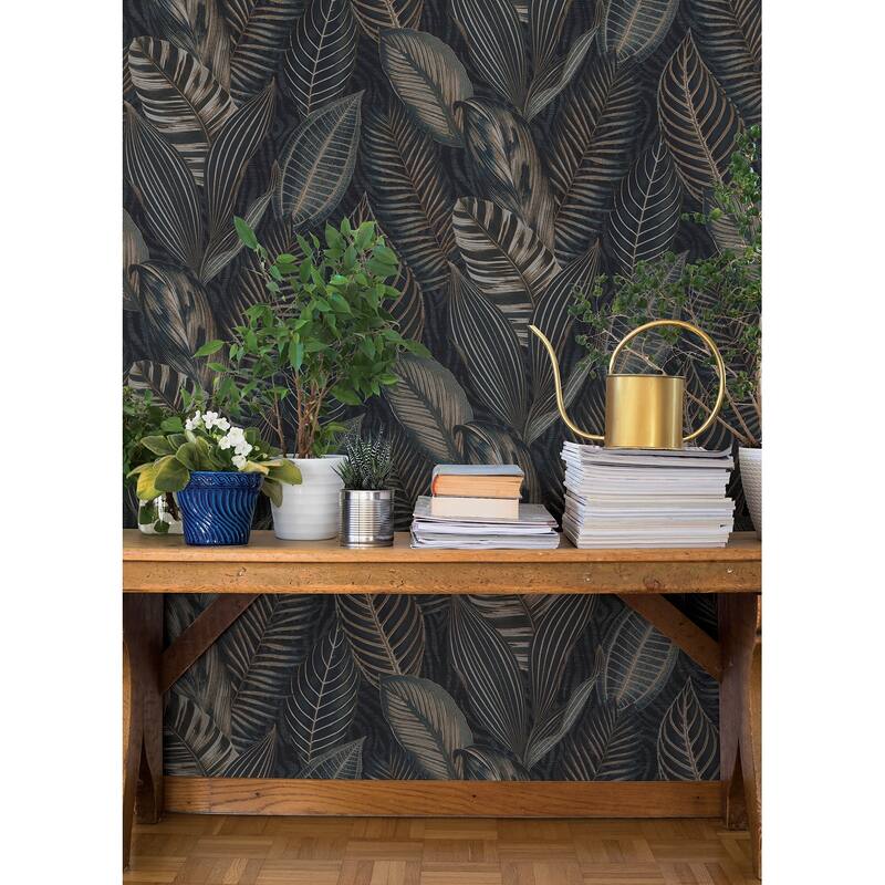 A-Street Prints Acacius Dark Blue Tropical Foliage Wallpaper