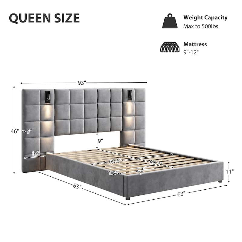 46" High Headboard Bed, Velvet Upholstered Platform Bed Frame, Oversized Tufted Headboard with Reading Lamps and USB Ports