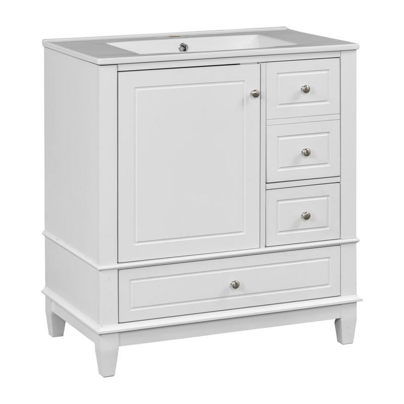 30" Bathroom Vanity with Ceramic Sink, Freestanding Bathroom Vanity Cabinet w/ 3 Storage Drawers, 1 Soft Close Door & Door Shelf