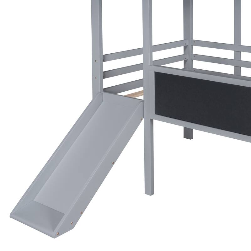 Twin Loft Bed with Slide, Ladder, Blackboard, and Roof Light Strip, Gray