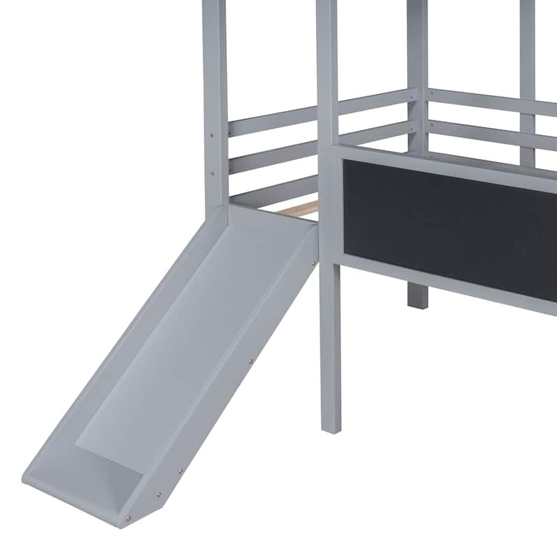 Twin Size Loft Bed House Bed with Slide, Light Strip and Blackboard