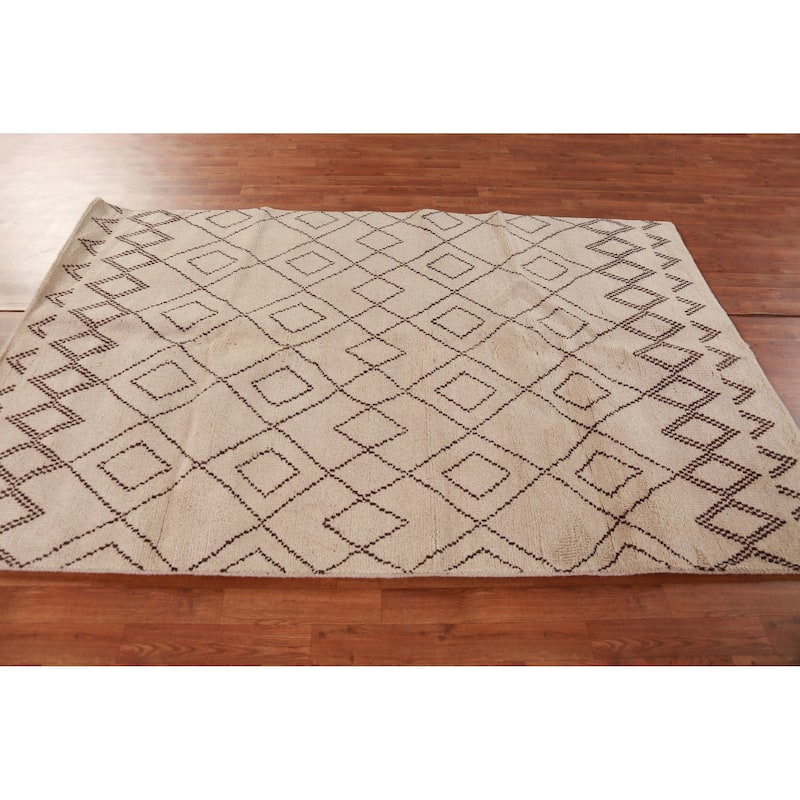 Hand Knotted Oriental 100% Wool Carpet Modern Geometric Beige & Ivories Moroccan Area Rug - 8' 0'' X 5' 0''