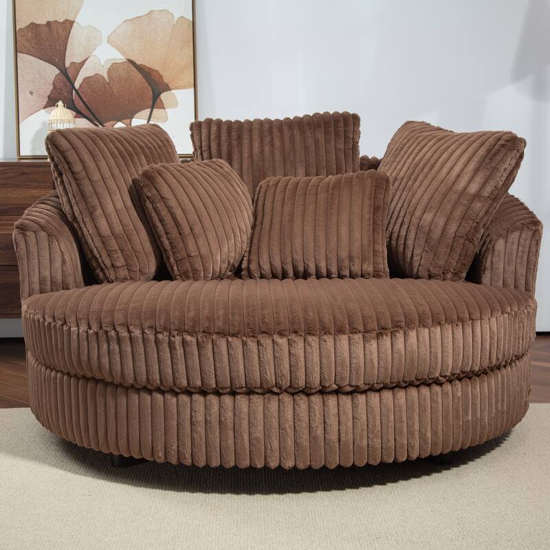 Modern Sofa Chair Round Accent Barrel Chair With 5 Pillows and Storage Ottoman