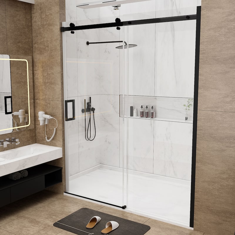 60''W Glass Frameless Shower Door, Shower Sliding Door in Black/Chrome