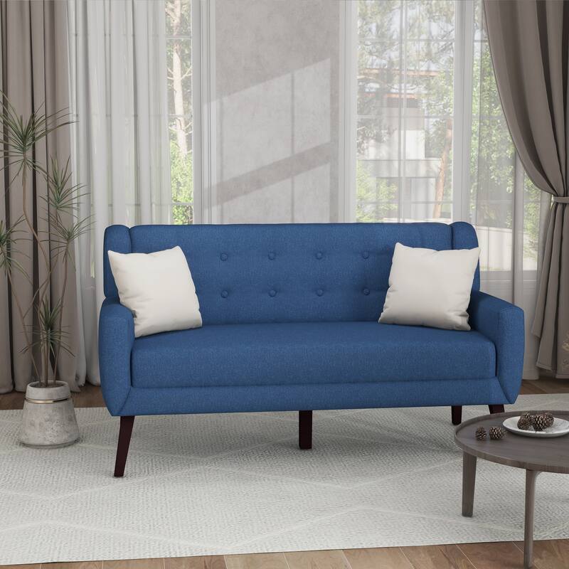 Mid-Century 63-Inch Linen Tufted Loveseat Sofa with Pillows - Blue