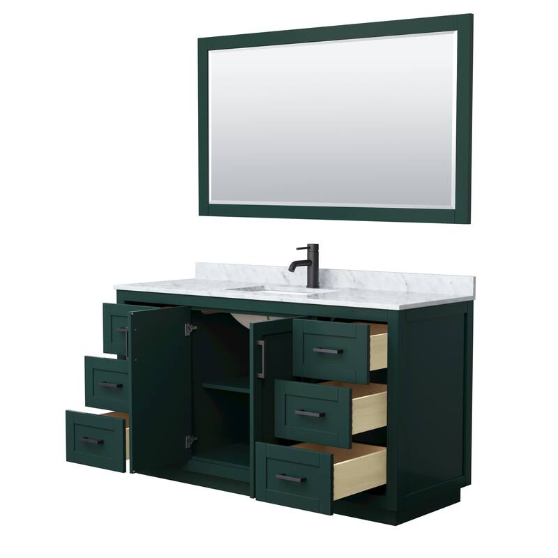 Miranda Bathroom Vanity Set, White Carrara Marble Top, 58-Inch Mirror
