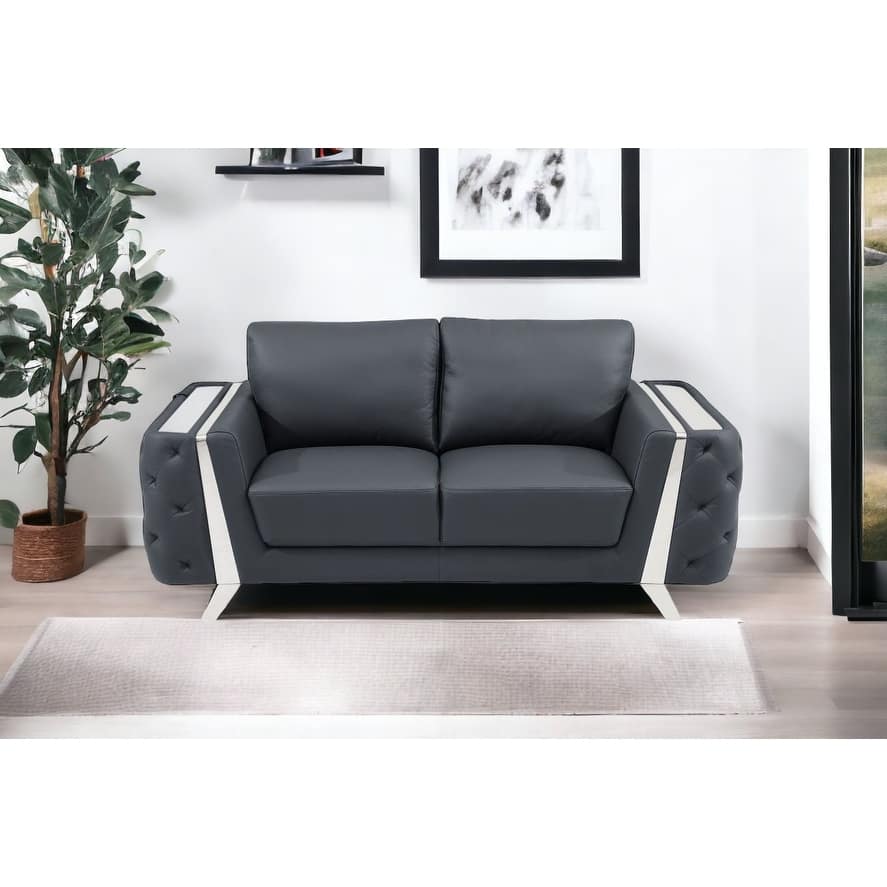 HomeRoots 72" Dark Gray And Silver Genuine Leather Loveseat