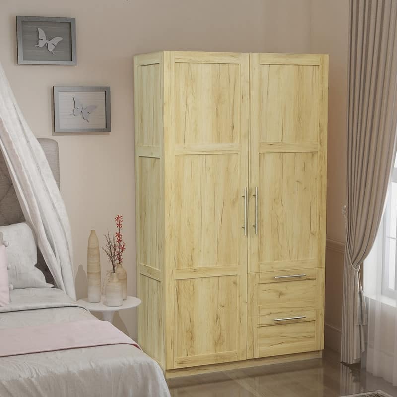 Traditional wooden wardrobe 2 door locker with 2 drawers, adjustable shelves and adult hanging rods, metal handles