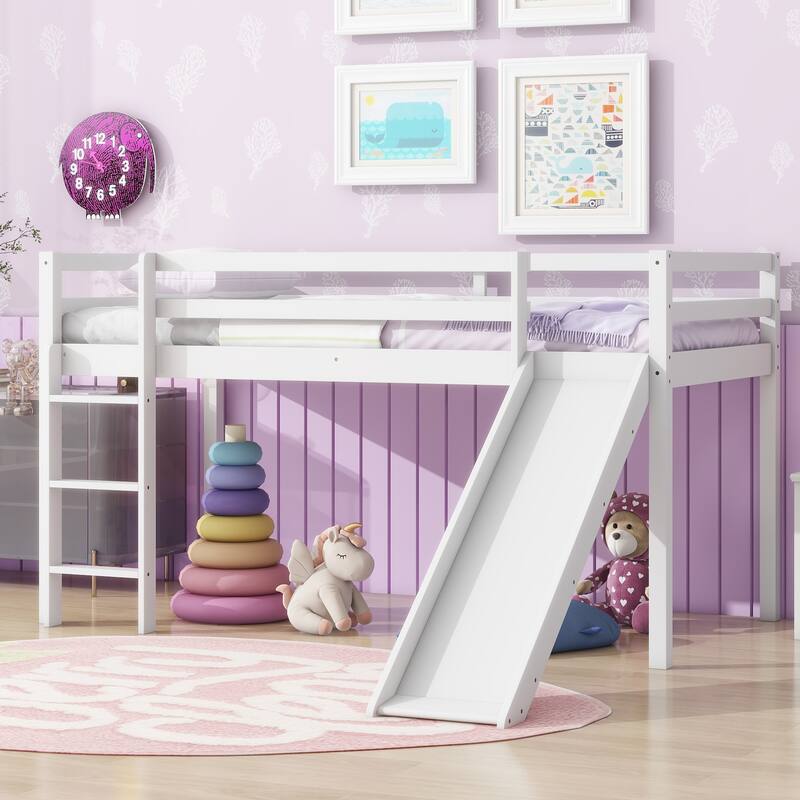 Twin Low Loft Bed with Slide Ladder Safety Guardrails Rubber Wood
