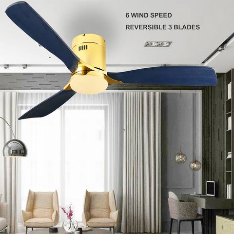 52'' Solid Wood LED Flush Mount Ceiling Fan with Light and Remote,6 Speed, Reversible Blades