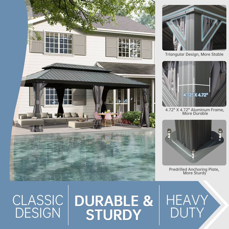 14' X 20' Hardtop Gazebo with Double Roof, Aluminum Frame, Curtains, and Netting for Outdoor Spaces