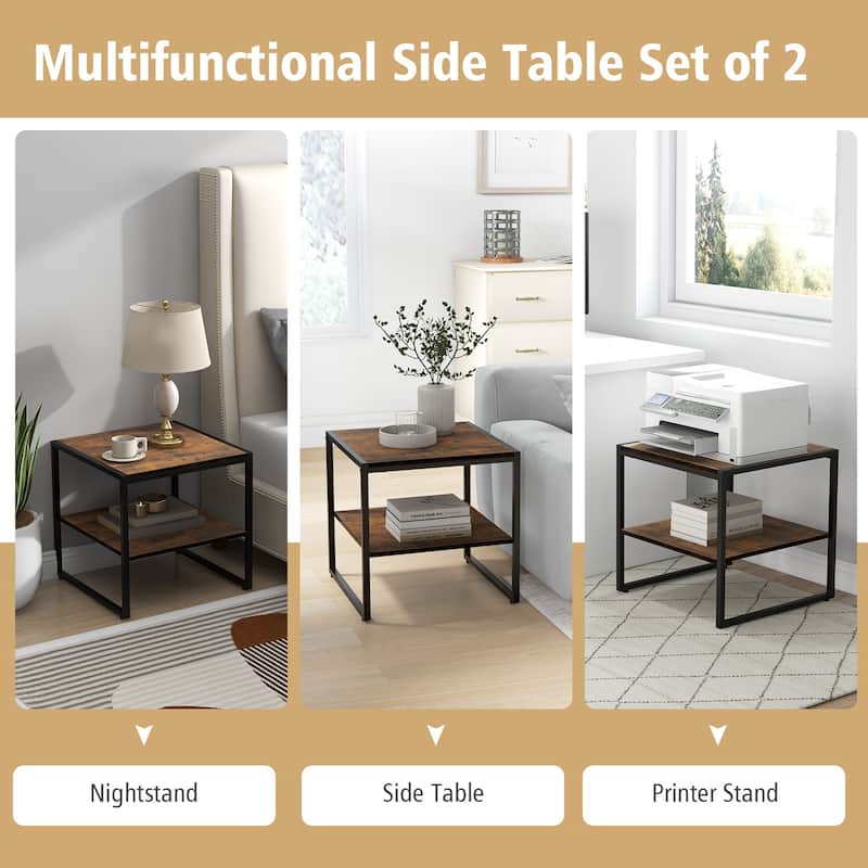 2 Pieces 2-Tier 20 Inch Square End Side Table for Living Room Bedroom-Rustic Brown - 20" x 20" x 20"