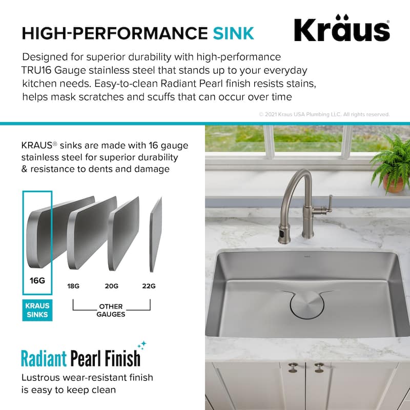Kraus Dex 33" Single Basin 16 Gauge Stainless Steel Kitchen Sink for