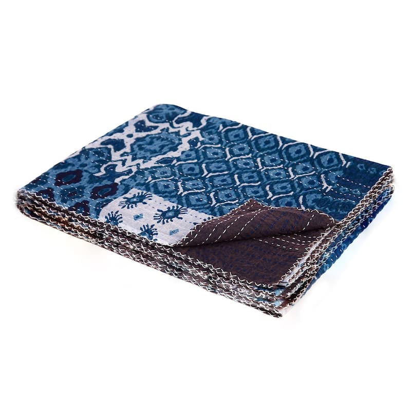 HomeRoots 50" X 70" Black And Blue Ikat Cotton Quilted Kantha Throw Blanket with Embroidery