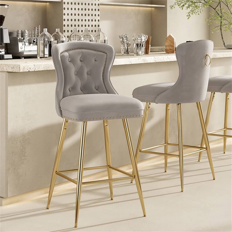 Velvet Bar Stools with Metal Legs, Button Tufted and Nailheads Trim (Set of 2)