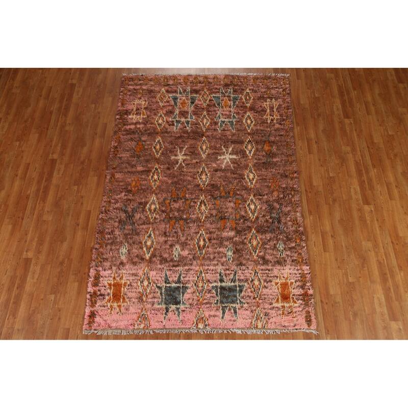 Hand Knotted Oriental 100% Wool Carpet Modern Tribal Pink Moroccan Area Rug - 9' 0'' X 5' 9''
